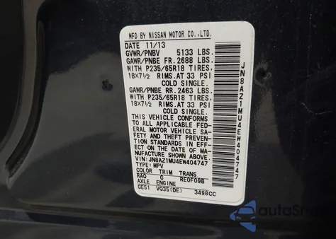 2014 Nissan Murano Sl из США, поврежденный, VIN JN8AZ1MU4EW404747